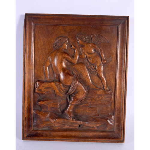 379 - A FINE 19TH CENTURY EUROPEAN CARVED WOOD PANEL depicting a female upon a stepped rock beside cupid. ... 