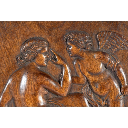 379 - A FINE 19TH CENTURY EUROPEAN CARVED WOOD PANEL depicting a female upon a stepped rock beside cupid. ... 