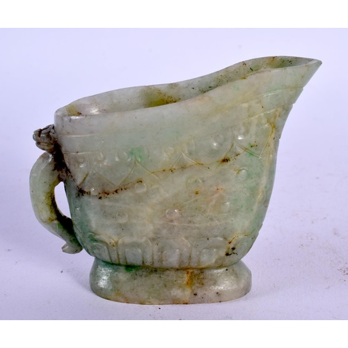 389 - A 19TH CENTURY CHINESE CARVED JADEITE LIBATION CUP Qing. 8 cm x 6 cm.