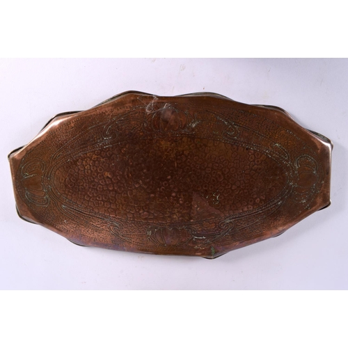 392 - A LARGE ART NOUVEAU COPPER TRAY together with an Arts and Crafts brass pedestal fruit bowl. Largest ... 