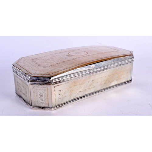 395 - AN 18TH CENTURY SILVER MOUNTED CARVED MOTHER OF PEARL SNUFF BOX decorated with motifs. 15 cm x 8 cm.