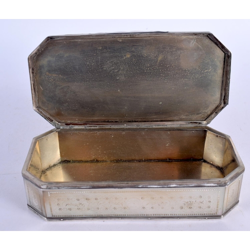 395 - AN 18TH CENTURY SILVER MOUNTED CARVED MOTHER OF PEARL SNUFF BOX decorated with motifs. 15 cm x 8 cm.