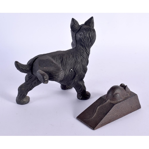 398 - TWO NOVELTY CAST IRON DOOR STOPS modelled as a scottie dog and a mouse upon a cheese block. Largest ... 