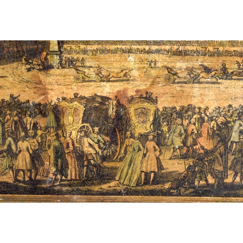 405 - A LARGE ANTIQUE COUNTRY HOUSE LACQUERED TRAY inset with an engraving. 62 cm x 42 cm.