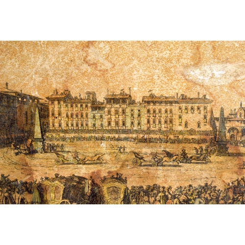 405 - A LARGE ANTIQUE COUNTRY HOUSE LACQUERED TRAY inset with an engraving. 62 cm x 42 cm.