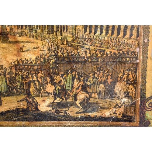 405 - A LARGE ANTIQUE COUNTRY HOUSE LACQUERED TRAY inset with an engraving. 62 cm x 42 cm.