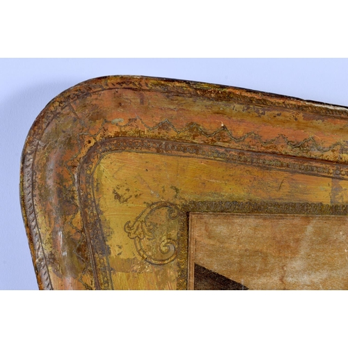 405 - A LARGE ANTIQUE COUNTRY HOUSE LACQUERED TRAY inset with an engraving. 62 cm x 42 cm.