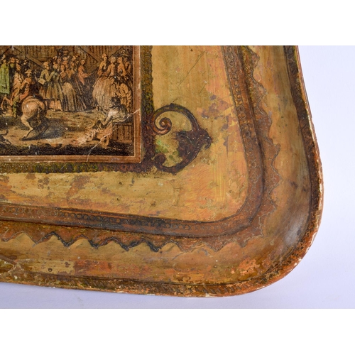 405 - A LARGE ANTIQUE COUNTRY HOUSE LACQUERED TRAY inset with an engraving. 62 cm x 42 cm.