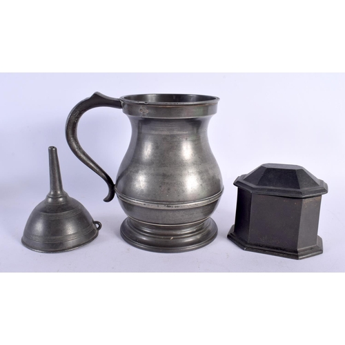 410 - A GEORGE III PEWTER TEA CADDY AND COVER together with a similar funnel & tankard. Largest 15 cm x 13... 