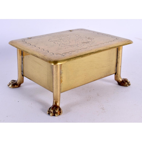 417 - A GEORGE III BRASS ARMORIAL BOX. 11.5 cm x 8.5 cm.