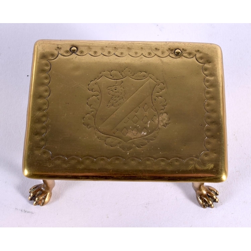 417 - A GEORGE III BRASS ARMORIAL BOX. 11.5 cm x 8.5 cm.