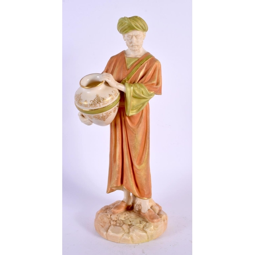 42 - A ROYAL WORCESTER PORCELAIN FIGURE OF AN EASTERN MALE modelled holding a vase. 22 cm high.