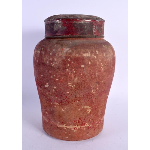 420 - AN UNUSUAL VICTORIAN LACQUERED STONEWARE POTTERY TOBACCO JAR AND COVER. 24 cm x 14 cm.