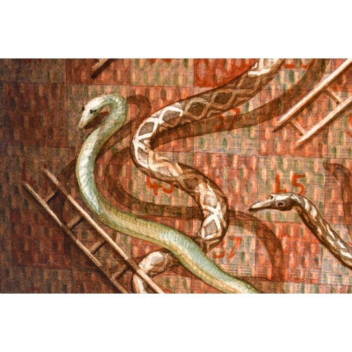 423 - AN UNUSUAL PAIR OF FOLK ART PAINTED SNAKES AND LADDERS PANELS. 30 cm square.