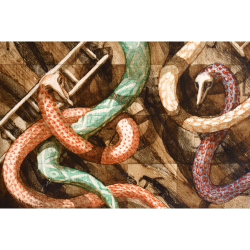 423 - AN UNUSUAL PAIR OF FOLK ART PAINTED SNAKES AND LADDERS PANELS. 30 cm square.