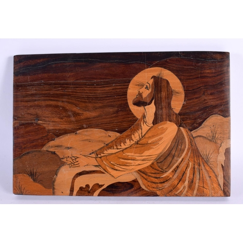 424 - AN UNUSUAL 19TH CENTURY MIXED WOOD INLAID PARQUETRY JESUS PANEL. 32 cm x 20 cm.