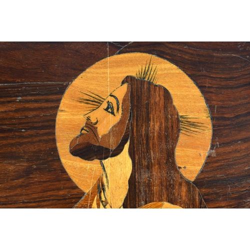 424 - AN UNUSUAL 19TH CENTURY MIXED WOOD INLAID PARQUETRY JESUS PANEL. 32 cm x 20 cm.