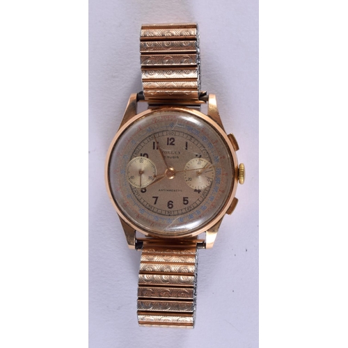 429 - A VINTAGE 18CT GOLD TOLLET MULTI DIAL CHRONOGRAPH WRISTWATCH with flexible strap. 3.5 cm wide inc wi... 