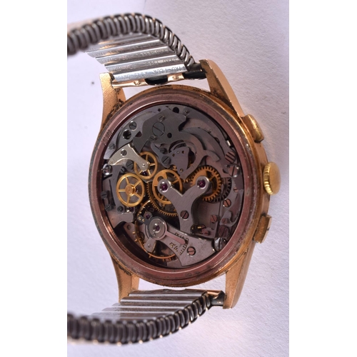 429 - A VINTAGE 18CT GOLD TOLLET MULTI DIAL CHRONOGRAPH WRISTWATCH with flexible strap. 3.5 cm wide inc wi... 