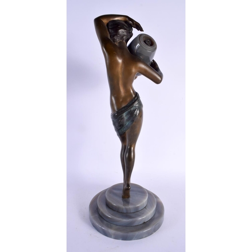 431 - A LOVELY LARGE ART DECO BRONZE AND AGATE FIGURAL LAMP OF A FEMALE modelled holding an over turned am... 