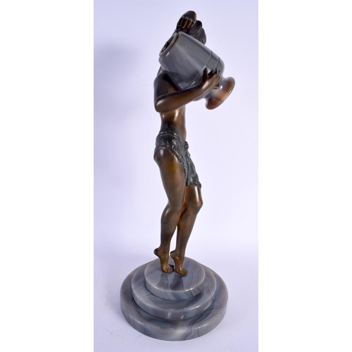 431 - A LOVELY LARGE ART DECO BRONZE AND AGATE FIGURAL LAMP OF A FEMALE modelled holding an over turned am... 