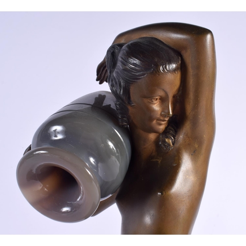 431 - A LOVELY LARGE ART DECO BRONZE AND AGATE FIGURAL LAMP OF A FEMALE modelled holding an over turned am... 