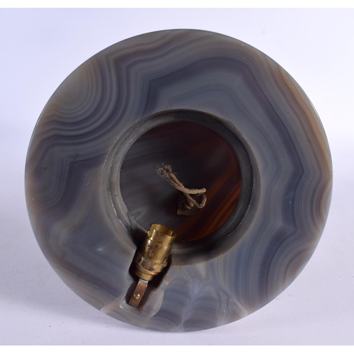 431 - A LOVELY LARGE ART DECO BRONZE AND AGATE FIGURAL LAMP OF A FEMALE modelled holding an over turned am... 