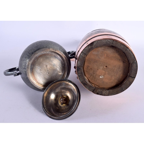 432 - AN EGYPTIAN REVIVAL TWIN HANDLED SILVER PLATED SUCRIER AND COVER together with an Edwardian oak jug.... 