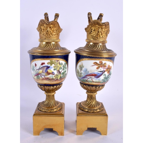 438 - A FINE PAIR OF LATE 18TH CENTURY ENGLISH PORCELAIN AND GILT BRONZE EWERS probably Giles Worcester. 2... 