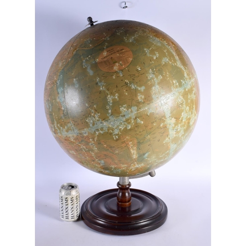 445 - A VERY LARGE RARE ANTIQUE PHILIPS 19 INCH TERRESTRIAL GLOBE upon a mahogany plinth. 68 cm x 38 cm.