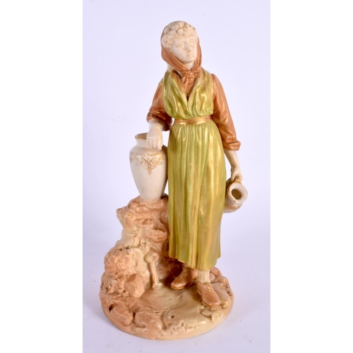 45 - A ROYAL WORCESTER PORCELAIN FIGURE OF A FEMALE modelled beside a vase. 18 cm high.