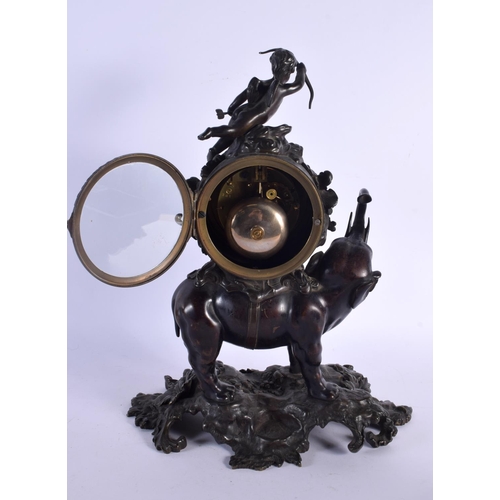 455 - A LARGE 19TH CENTURY FRENCH BRONZE ELEPHANT CLOCK modelled with a leaping putti. 38 cm x 20 cm.