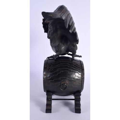 459 - A LARGE 19TH CENTURY JAPANESE MEIJI PERIOD BRONZE OKIMONO modelled as a cock upon a barrel. 37 cm x ... 