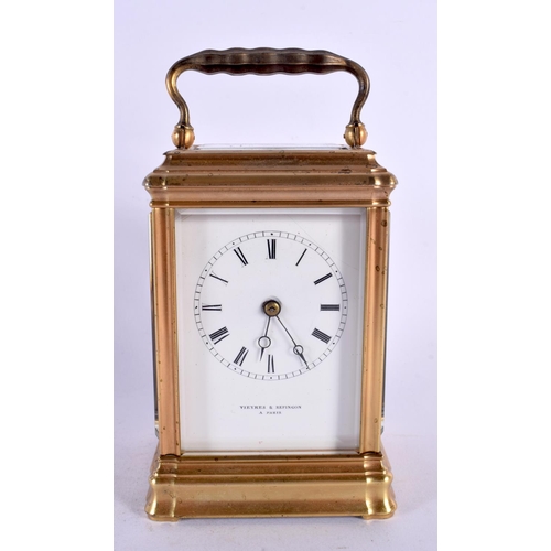 468 - A LOVELY ANTIQUE FRENCH REPEATING PETIT SONNERIE CARRIAGE CLOCK. 16 cm high inc handle.