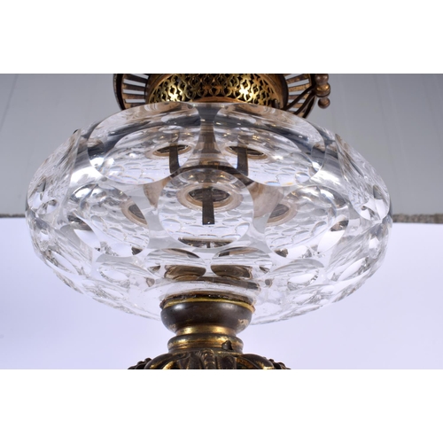 471 - A RARE LARGE 19TH CENTURY GILT BRONZE BOHEMIAN GLASS OIL LAMP formed with figures beneath arches. 78... 