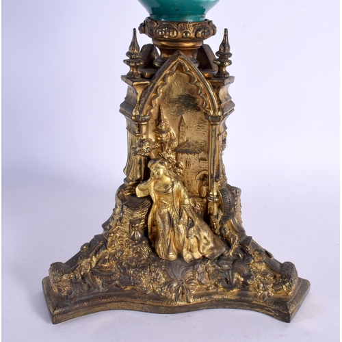 471 - A RARE LARGE 19TH CENTURY GILT BRONZE BOHEMIAN GLASS OIL LAMP formed with figures beneath arches. 78... 