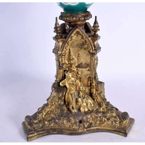 471 - A RARE LARGE 19TH CENTURY GILT BRONZE BOHEMIAN GLASS OIL LAMP formed with figures beneath arches. 78... 