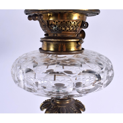 471 - A RARE LARGE 19TH CENTURY GILT BRONZE BOHEMIAN GLASS OIL LAMP formed with figures beneath arches. 78... 