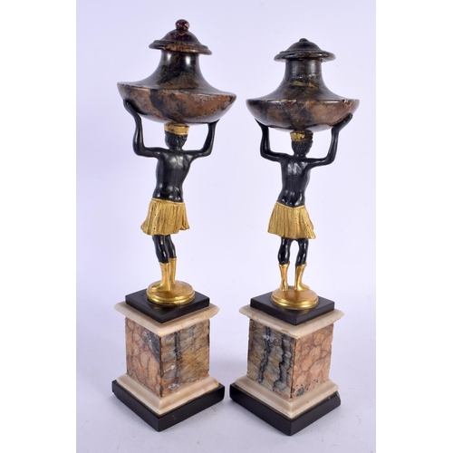 475 - A FINE RARE PAIR OF REGENCY GILT BRONZE BLUEJOHN FIGURES modelled as ethnic figures upon pedestal ba... 