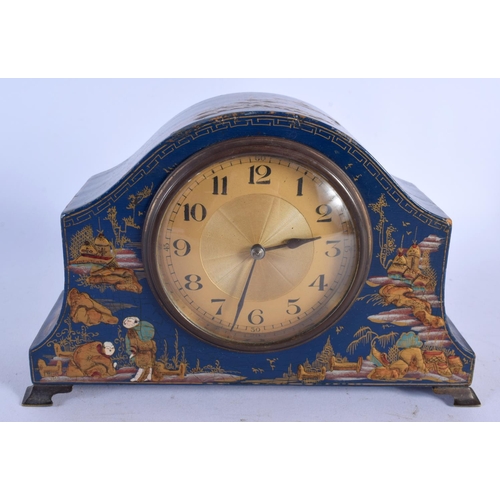 476 - AN EDWARDIAN COUNTRY HOUSE BLUE LACQUER MANTEL CLOCK together with a Victorian bead work. Largest 38... 