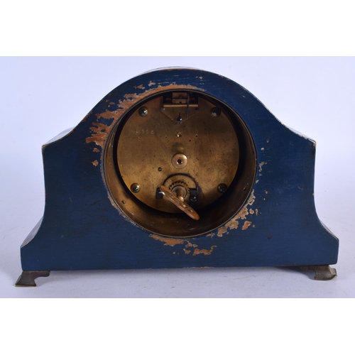 476 - AN EDWARDIAN COUNTRY HOUSE BLUE LACQUER MANTEL CLOCK together with a Victorian bead work. Largest 38... 