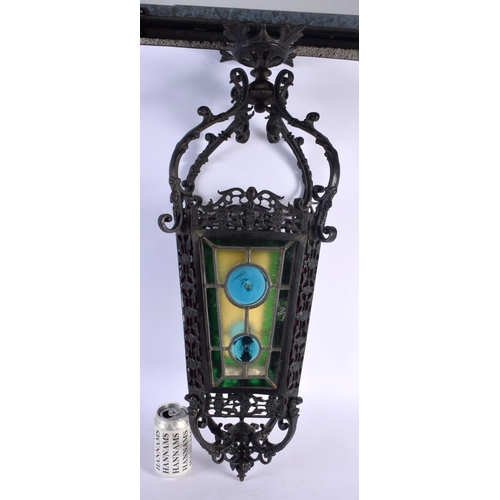 478 - A LOVELY LARGE VICTORIAN BRONZE AND GLASS HALL LANTERN. 80 cm x 22 cm.