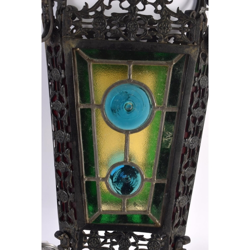 478 - A LOVELY LARGE VICTORIAN BRONZE AND GLASS HALL LANTERN. 80 cm x 22 cm.