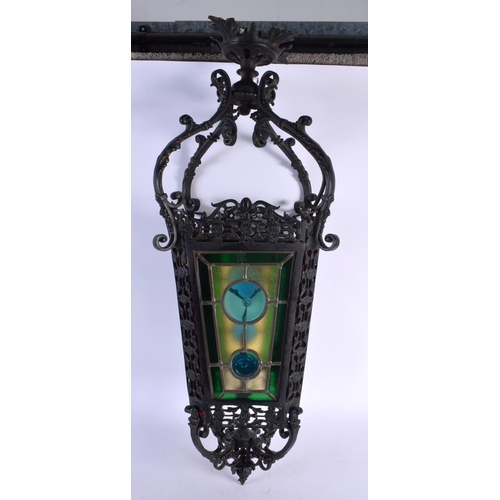 478 - A LOVELY LARGE VICTORIAN BRONZE AND GLASS HALL LANTERN. 80 cm x 22 cm.