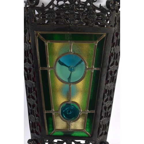 478 - A LOVELY LARGE VICTORIAN BRONZE AND GLASS HALL LANTERN. 80 cm x 22 cm.