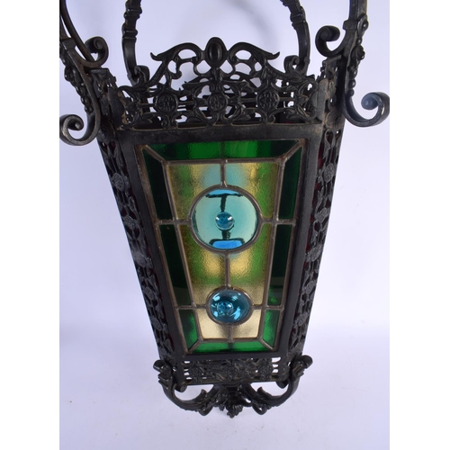 478 - A LOVELY LARGE VICTORIAN BRONZE AND GLASS HALL LANTERN. 80 cm x 22 cm.