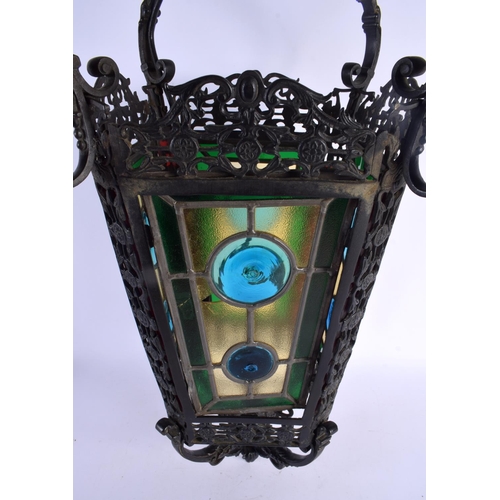 478 - A LOVELY LARGE VICTORIAN BRONZE AND GLASS HALL LANTERN. 80 cm x 22 cm.