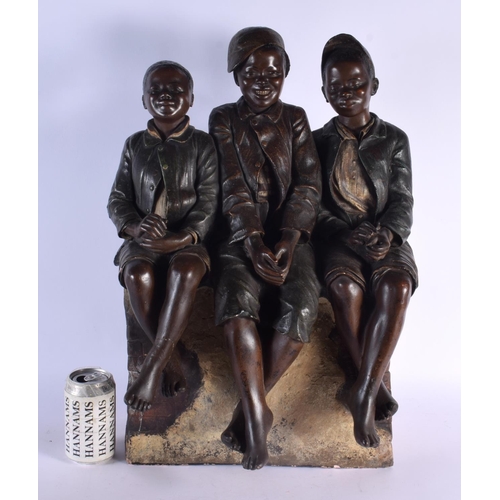 480 - A LARGE 19TH CENTURY AUSTRIAN COLD PAINTED TERRACOTTA GROUP modelled as three young boys. 55 cm x 35... 