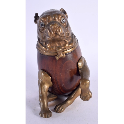 495 - A 19TH CENTURY EUROPEAN CARVED WOOD BRONZE INKWELL in the form of a dog. 15 cm x 8 cm.