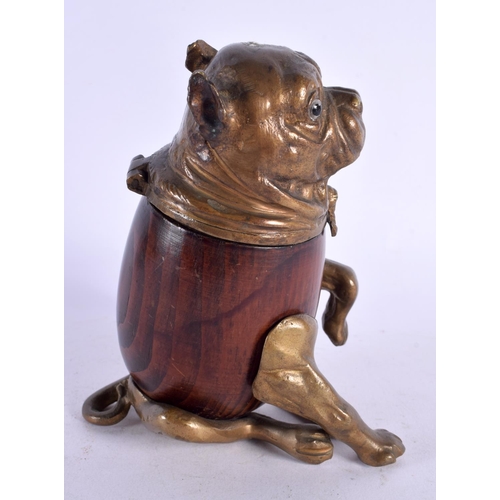 495 - A 19TH CENTURY EUROPEAN CARVED WOOD BRONZE INKWELL in the form of a dog. 15 cm x 8 cm.